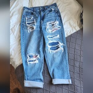 American Eagle - Womens Size 10 Mom Straight Jeans Distressed With Plaid Patches